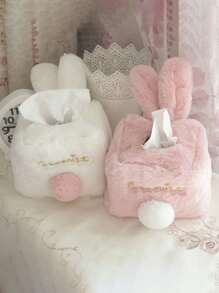 1pc Cute And Soft Pink Rabbit Plush Tissue Box Cover, Decorative Napkin Storage Container For Home, Car, R Work Desk Accessories Office Decor, Living Room, Cartoon Facial Tissue Holder With Ears(Available In Rectangular And Square Sizes) - Multicolor - View 2