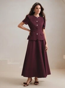 Anewsta Conjunto de vestido de línea A de manga abullonada y cintura ceñida, elegante para ir al trabajo y moderno para el verano, Año Nuevo, Día de San Valentín
