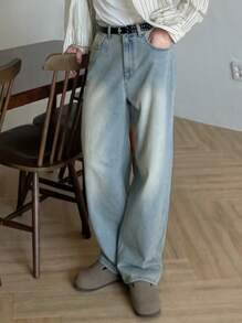 DAZY 男士纯蓝色口袋直筒宽松牛仔裤，秋季