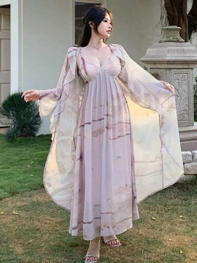 2点 レディース フローラル柄 ノースリーブドレス、マキシ丈カバーアップ付き、セットアップ 夏