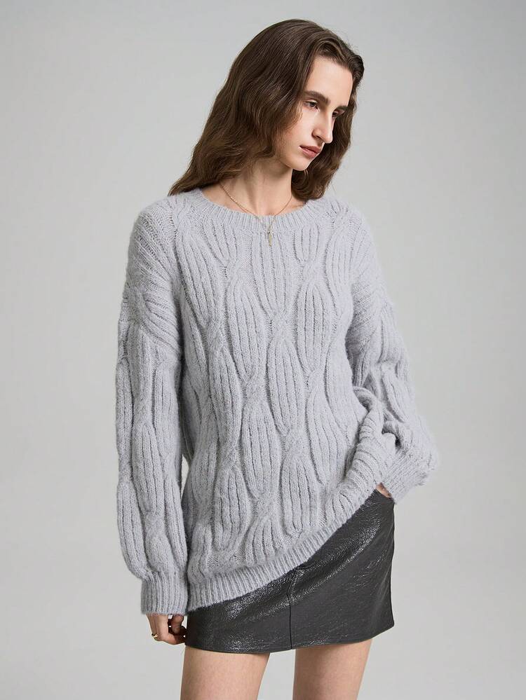 Women's Round Neck Long Sleeve Sweater With 8% Cashmere,Light Grey Twist Floral Design,Chunky Knit Pullover,Casual Autumn Occasion Spring Apparel