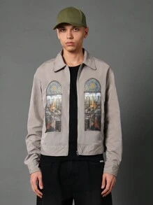 SUMWON Stained Glass Window Print Harrington Jacket With Artistic Church Panel Design Lightweight Spring Autumn Outerwear Zip Front Streetwear Urban Fashion - Grey - View 2