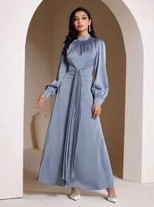 Veilorie Robe longue modeste de couleur unie à col montant et manches longues pour femme, style décontracté arabe - Bleu azur - Voir 5