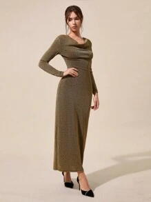 RueChic Glamorous Shinny Gold Lurex Cowl Neck Long-Sleeve Maxi Dress