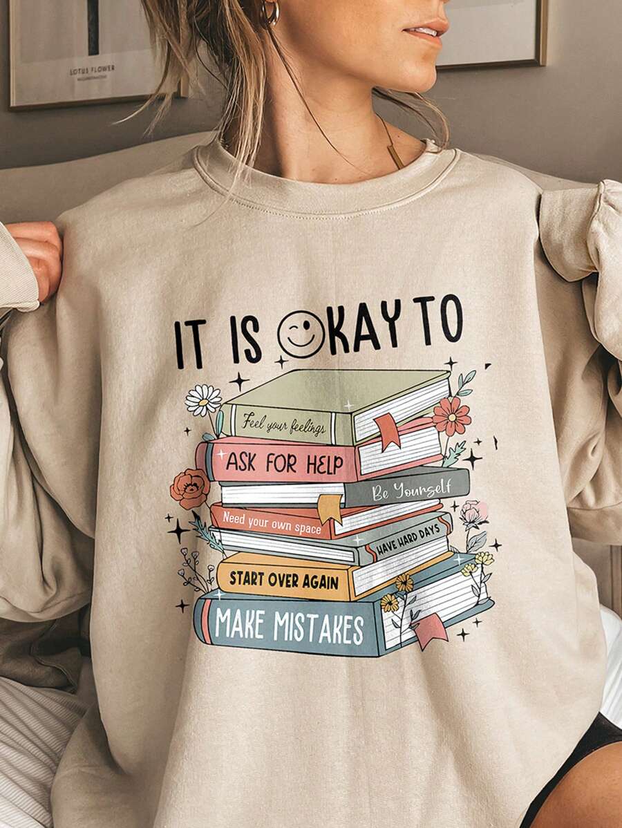 INAWLY Áo nỉ dài tay cổ tròn lót ấm, in khẩu hiệu và hình sách dành cho nữ cỡ lớn, thích hợp mặc mùa thu/đông, dịp tốt nghiệp, dành cho giáo viên, hoặc mặc đi học trở lại. - Màu be - Xem 1