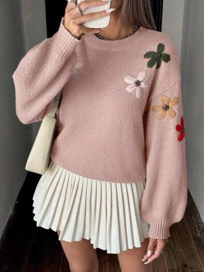 Chiquease 女士手工刺绣花卉圆领落肩宽松针织套头衫秋冬毛衣