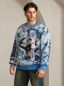 Manfinity EMRG Plus Size Men's Round Neck Long Sleeve Graphic Detail Casual Pullover Sweater