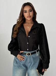 SHEIN Unity 大码女式秋季刺绣灯笼袖休闲衬衫 - 黑色 - 查看 2