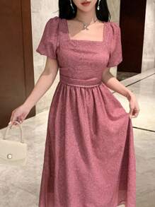 DAZY Women's Solid Color Square Neck Short Sleeve Pleated Casual Midi Dress Prom Dress