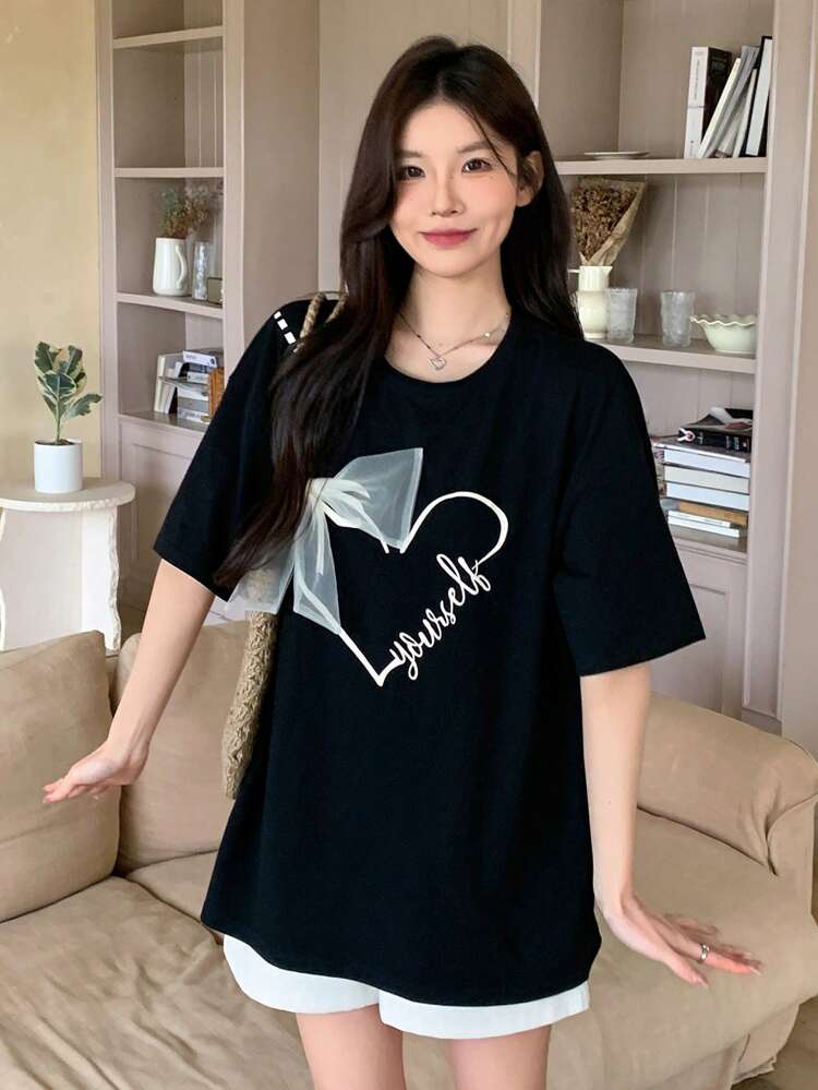 Women Bow & Heart Print Short Sleeve T-Shirt, Casual & Fashionable For Everyday Wear Cute Tops,Graphic Tees