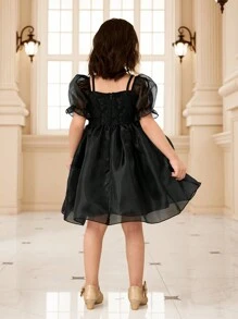 SHEIN Glamorique Kids Young Girl Solid Color Mesh Panel Short Sleeve Casual Dress