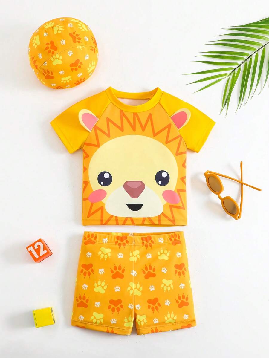 SHEIN Baby Boy Cartoon Lion Print Round Neck Raglan Sleeve Top And Shorts Swimming Trunks 2 Pieces Swimsuit Set - Yellow - View 1