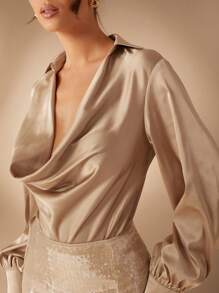 L'Amorae 香槟色围脖领长袖紧身衣 - 卡其色 - 查看 5