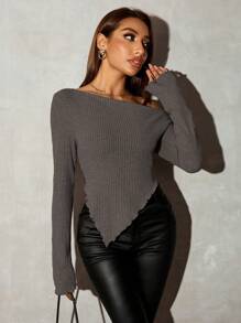 SHEIN SXY Grunge Asymmetrical Neck Rib-Knit Tee,Fall Women Going Out Tops - Dark Grey - View 3