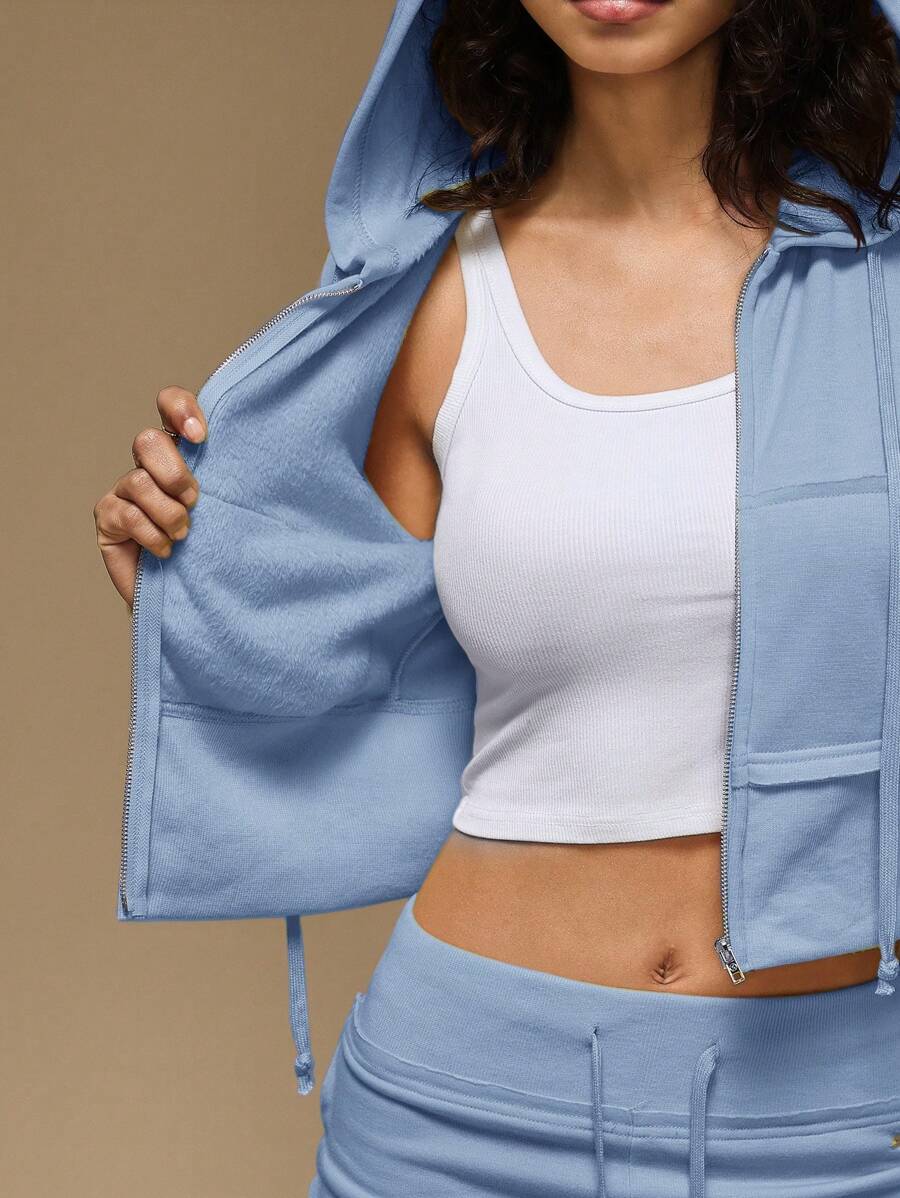 Forever 21 Chaqueta con capucha de felpa corta de unicolor casual para mujer - Azul - Ver 1