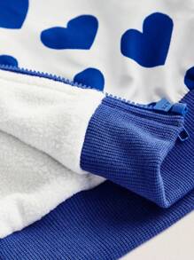 THE HAPPY LOOK Blue Heart Print Drop Shoulder Long Sleeve Jacket, Casual Style For Young Girls