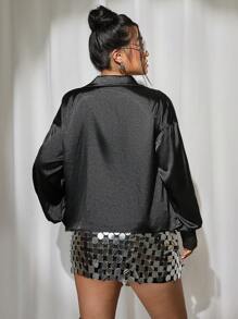 SHEIN ICON 大码女式纯色性感落肩长袖缎面垂领衬衫 - 黑色 - 查看 6