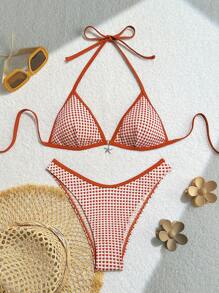 Women's Red And White Plaid Special Fabric Drawstring Neck 2 Pieces Set Summer - Multicolor - View 1