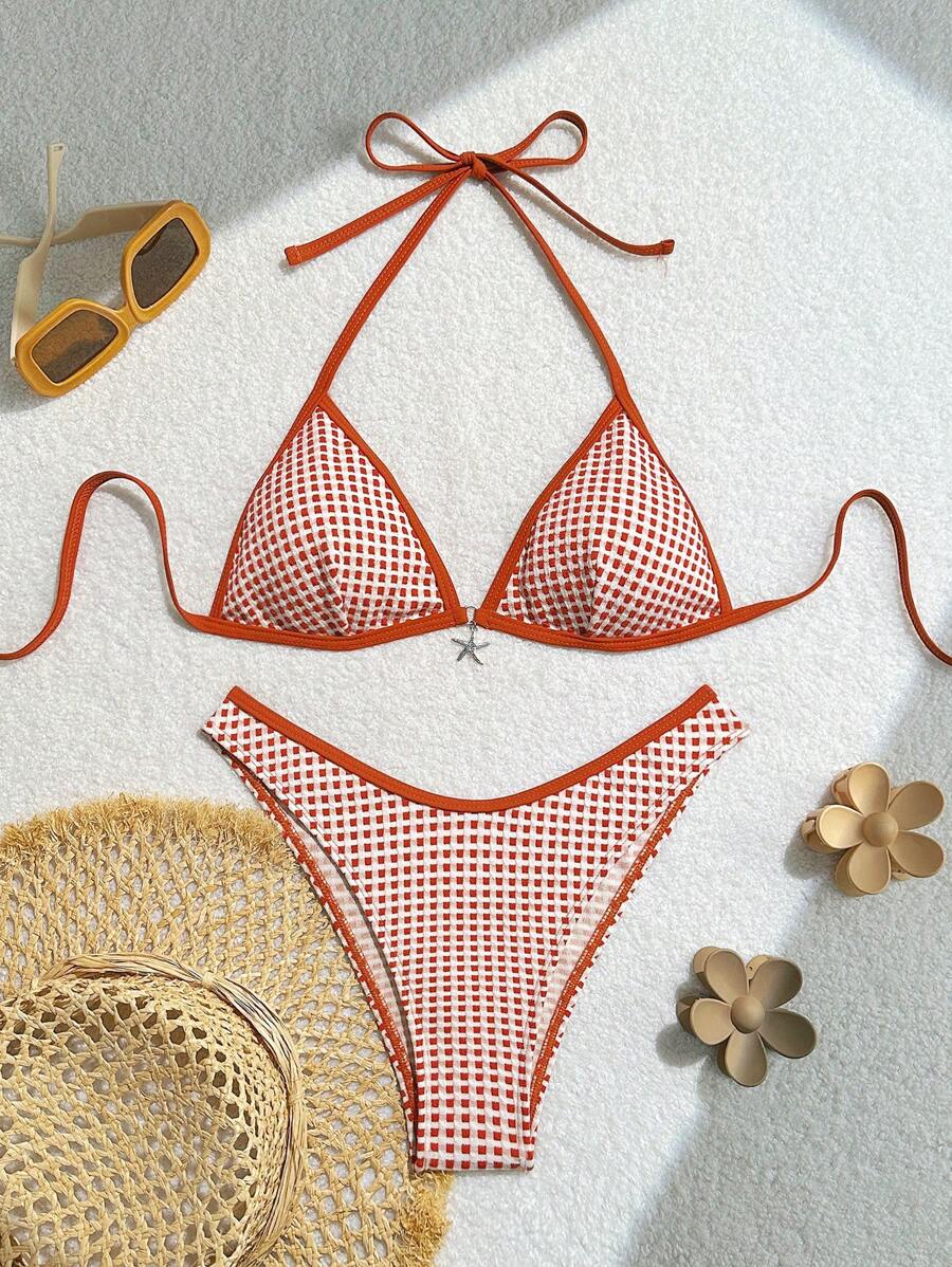 Women's Red And White Plaid Special Fabric Drawstring Neck 2 Pieces Set Summer - Multicolor - View 1
