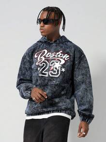 ROMWE MEN Street Life Men's Vintage Washed Denim Hoodie, Streetwear Style - Black - View 1