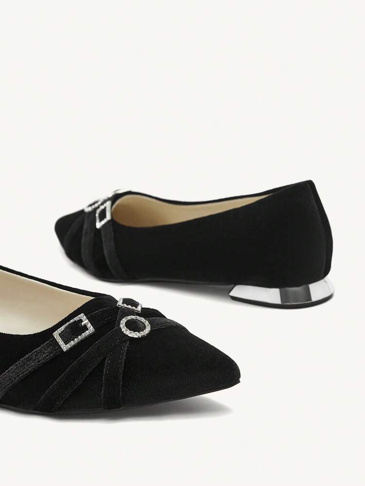 CUCCOO CHICEST Women's New Style Triple Strap Round Buckle Pointed Toe Velvet French Romantic Flat Black Shoes Spring Shoes Spring Break Easter
