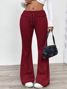 SHEIN EZwear Casual Solid Color Knitted Low Waist Flare Leg Fitted Pants For Women
