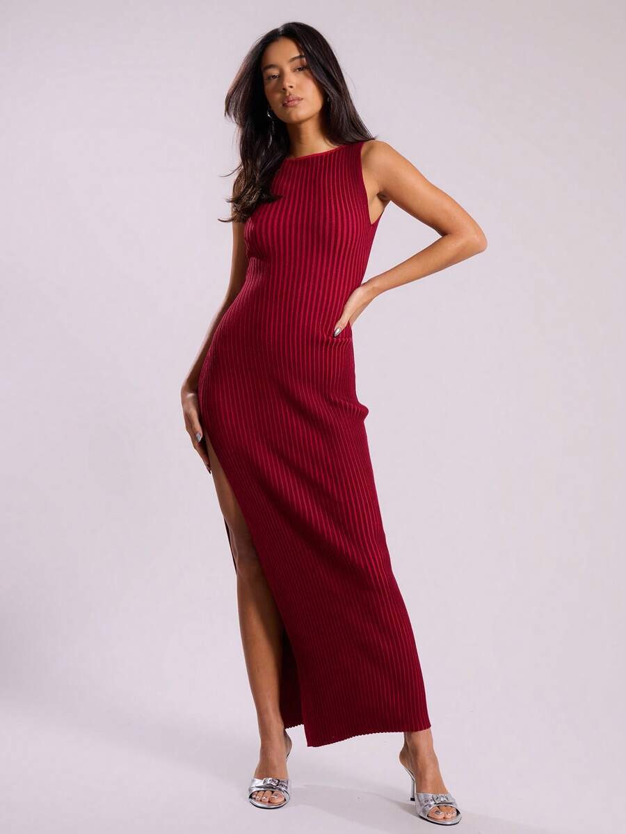 MUSERA Ribbed V Neck Maxi Sweater Dress Elegant Summer - Burgundy - View 1