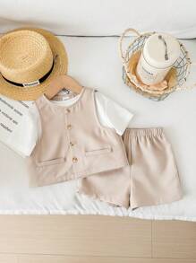 SHEIN Bộ 3 áo thun cổ tròn tay ngắn màu mơ cho bé trai/bé gái, áo ba lỗ không tay và quần short cạp chun, phong cách Hàn Quốc thường ngày, thích hợp cho tiệc sinh nhật, lễ rửa tội, lễ kỷ niệm sinh nhật lần thứ 1, tiệc tối, biểu diễn, đám cưới và các dịp khác - Màu Khaki - Xem 5
