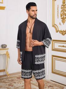 Manfinity Homme Set de 2 piezas para hombre de camisa abierta con estampado geométrico y pantalones cortos sueltos