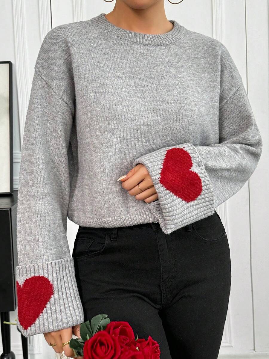 EMERY ROSE Suéter casual de cuello redondo con puños y patrón de corazón para mujer, jersey de punto de Día de San Valentín para otoño e invierno - Gris - Ver 1