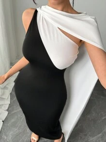 Firerie Women's Elegant Simple Exquisite Romantic Black & White Color Block Asymmetrical Neck Bodycon Dress, Suitable For Dates, Parties, Balls For Valentine's Day