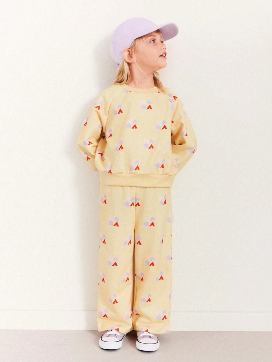 SHEIN Young Girls House Allover Print Yellow Knitted Elastic Waist Wide-Leg Straight Warm Sweatpants, Casual Daily Style For Autumn/Winter - Yellow - View 1