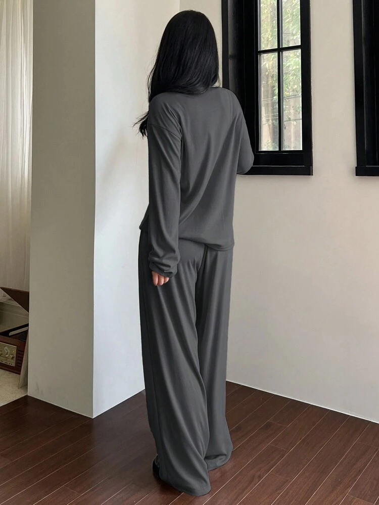 Minimalist Loose Solid Color Long Sleeve Top And Pants Lounge Set, Fall Winter Clothes, Cozy Outfit