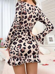 Women's Leopard Print Long Sleeve Fitted Short Nightgown Holiday Season, Fall, Winter - Multicolor - View 2