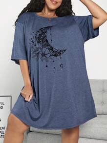 SHEIN CURVE+ Plus Size Summer Music Festival Floral Print Drop Shoulder T-Shirt - Dusty Blue - View 1