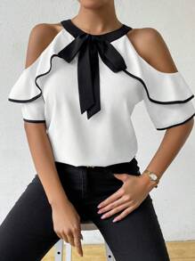 EMERY ROSE Women's Solid Color Lace-Up Front Off Shoulder Casual Blouse - White - View 7