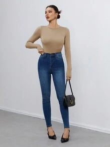SHEIN Tall 女款三件組圓領休閒修身純色長袖T恤套裝，適合春、秋、冬季，高個女性適用 - 彩色 - 查看 7