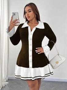SHEIN Unity Plus Size Women Knitted Color Block Sweater Dress With Ruffle Trim & Button Decor, Elegant For Autumn/Winter Fall Cloth For Women - Coffee Brown - View 4