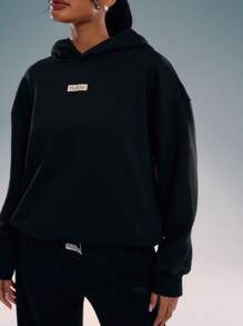 MUSERA Logo 文字刺绣贴片超大款连帽衫宽松卫衣返校舒适可爱休闲日常 Y2K 街头风胶囊衣橱黑色春夏度假假日 - 黑色 - 查看 5