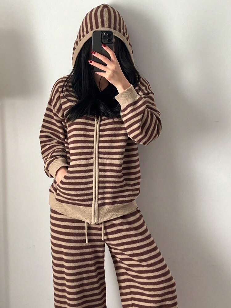 Winter Simple Stripe Hoodie Cardigan And Loose Fit Pants Loungewear Set