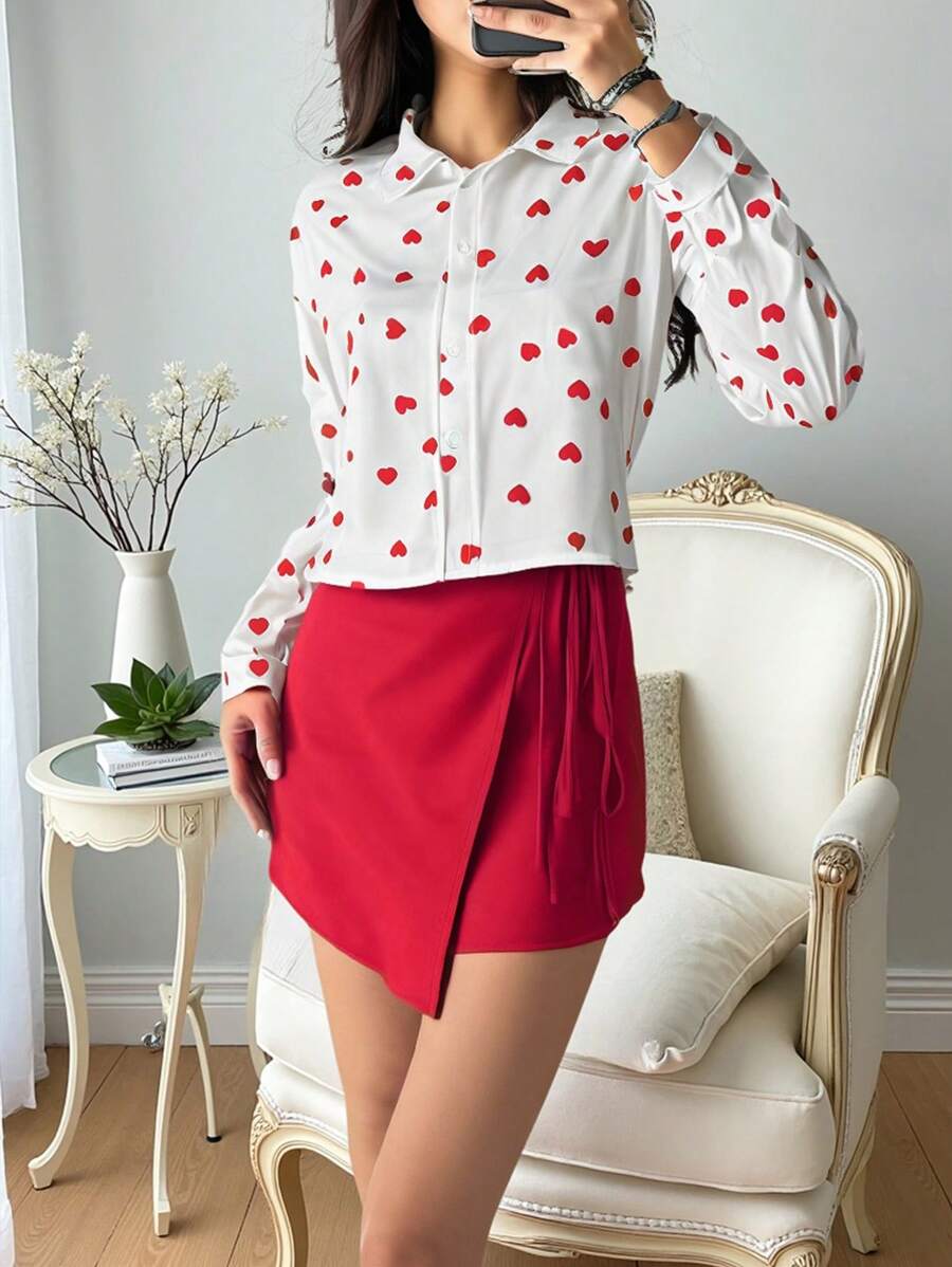 SHEIN 2pcs Women Outfit Set For Spring & Autumn, Shirt & Asymmetrical Bow-Tied Skirt, Heart Graphic Print, Red Skirt Set, Digital Print Heart Pattern Shirt, Stylish Design, Matching Family & Mother-Daughter - Multicolor - View 1