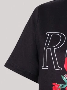 Wildeya Conjunto de 2 piezas para niña preadolescente: Camiseta de manga corta negra con estampado de rosa y letra, combinada con falda mini plisada roja. Elegante y encantador, apto para la escuela, salidas y festivales musicales, para todo el año.