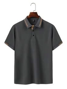 Manfinity Homme Men's Solid Color Patchwork Front Button Short Sleeve Casual Top, Simple And Everyday Wear Men Golf Shirts Casual Men Tops - Grey - View 3