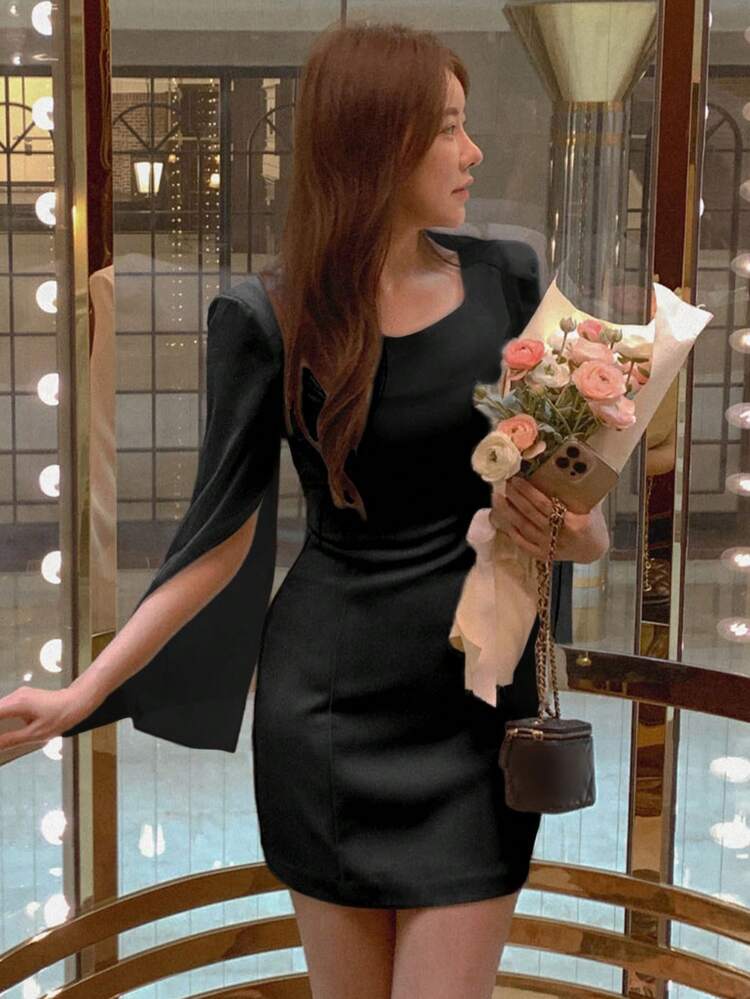 Women's Elegant Short Homecoming Dress, Black, Spring/Fall Sundress Long Sleeve Dress