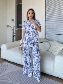 SHEIN Leap Crew 少女复古花卉 V 领前开短袖直腿睡衣套装，2 件舒适休闲睡衣 - 藍白色 - 查看 5