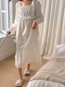 DAZY Women's Square Neck Pleated Ruffle Puff Sleeve Nightgown - White - View 4