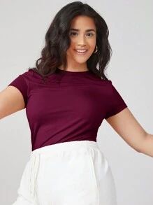 SHEIN BASICS Áo thun tay ngắn trơn màu cỡ lớn, thời trang tối giản, mặc thường ngày - Màu Đỏ Sâu - Xem 5