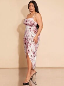 SHEIN BAE Plus Size Women Floral Print Spaghetti Strap Ruffle Collar Split Hem Dress, Suitable For Dates, Afternoon Tea, Parties - Multicolor - View 4
