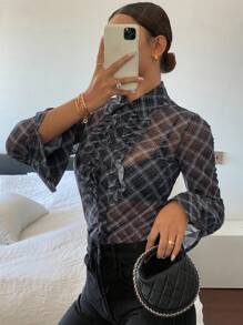 DAZY Casual Summer Plaid Mesh Long Sleeve Ruffled Collar Top For Women Sheer,Fall Clothes School - Black - View 4