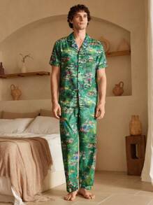 Manfinity ChillVibe Men's Oil Painting Print Short Sleeve & Long Pants Pajama Set - Green - View 5